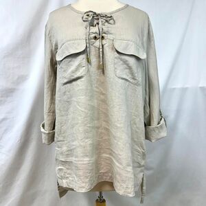 ELLEN TRACY‎ Beige 100% Linen Lace Up Blouse Pockets Roll Tab Sleeves Womens L